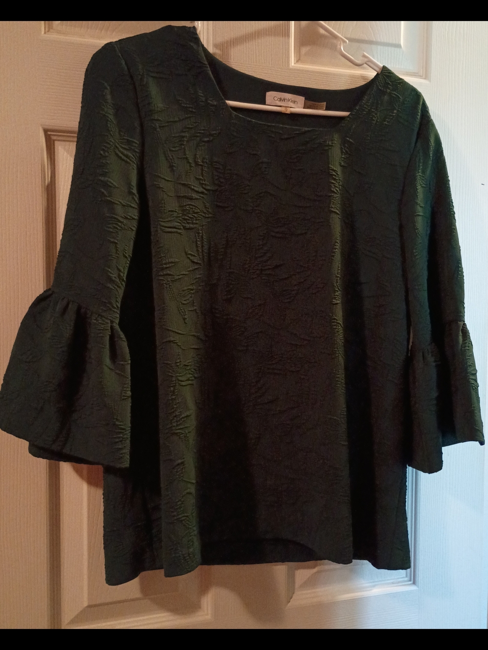 Calvin Klein Dark Green Textured Bell-Sleeve Blouse